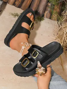 Women's Leopard Print Chunky Heel Sandals, Vintage Double Buckle Platform Lazy Shoes, Comfortable Slip-On Summer Footwear