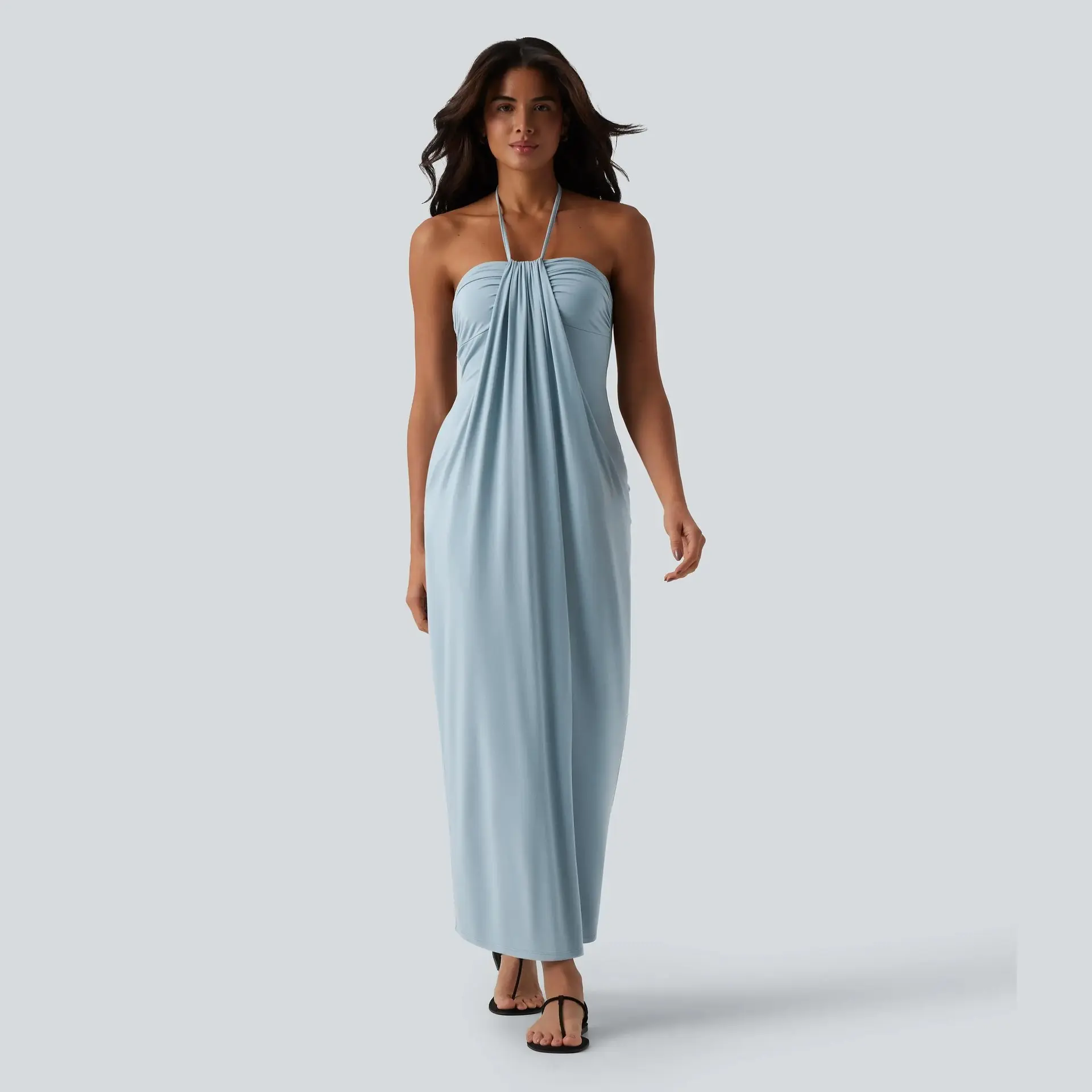 Women Solid Color Halter Neck Maxi Dress Sexy Tie Back Backless Vacation Long Dress With Side Pockets