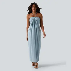 Women Solid Color Halter Neck Maxi Dress Sexy Tie Back Backless Vacation Long Dress With Side Pockets