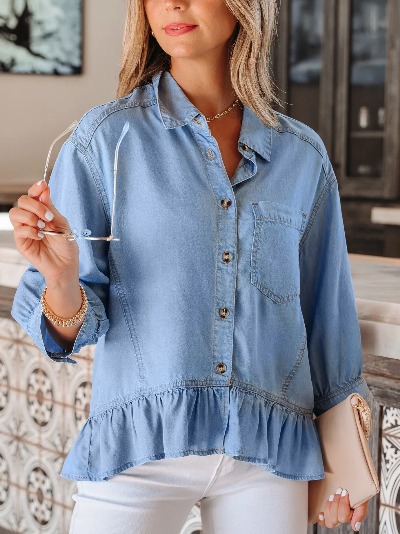 Women's Beau Blue Chambray Shirt Half Sleeve Button Down Ruffled High Low Hem Denim Top Lightweight 100% Lyocell Breathable Tencel Blouse Casual Soft V Neck Shirt for Summer & Spring Effortless Relaxed Fit Tunic Shirt