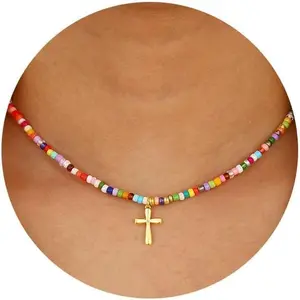Colorful Beaded Cross Necklace for Girls Women, 14K Gold Plated Pendant Baptism Birthday Christian Religious Gifts Trendy Stuff First Communion Confirmation 15+2 Inches