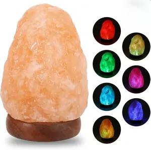 Natural Salt Rock Night Lamp with 7 Colors Changing, Mini Small Crystal Salt Lamp for Home Decor and Gift - Natural Shaped, Premium Wood Base