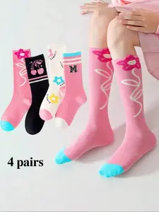 Girls' Knee-High Socks Set, Spring & Fall Winter Casual Sports Socks, Korean Style, Comfortable Soft Breathable, Fashion Striped Design, Casual Stylish Socks