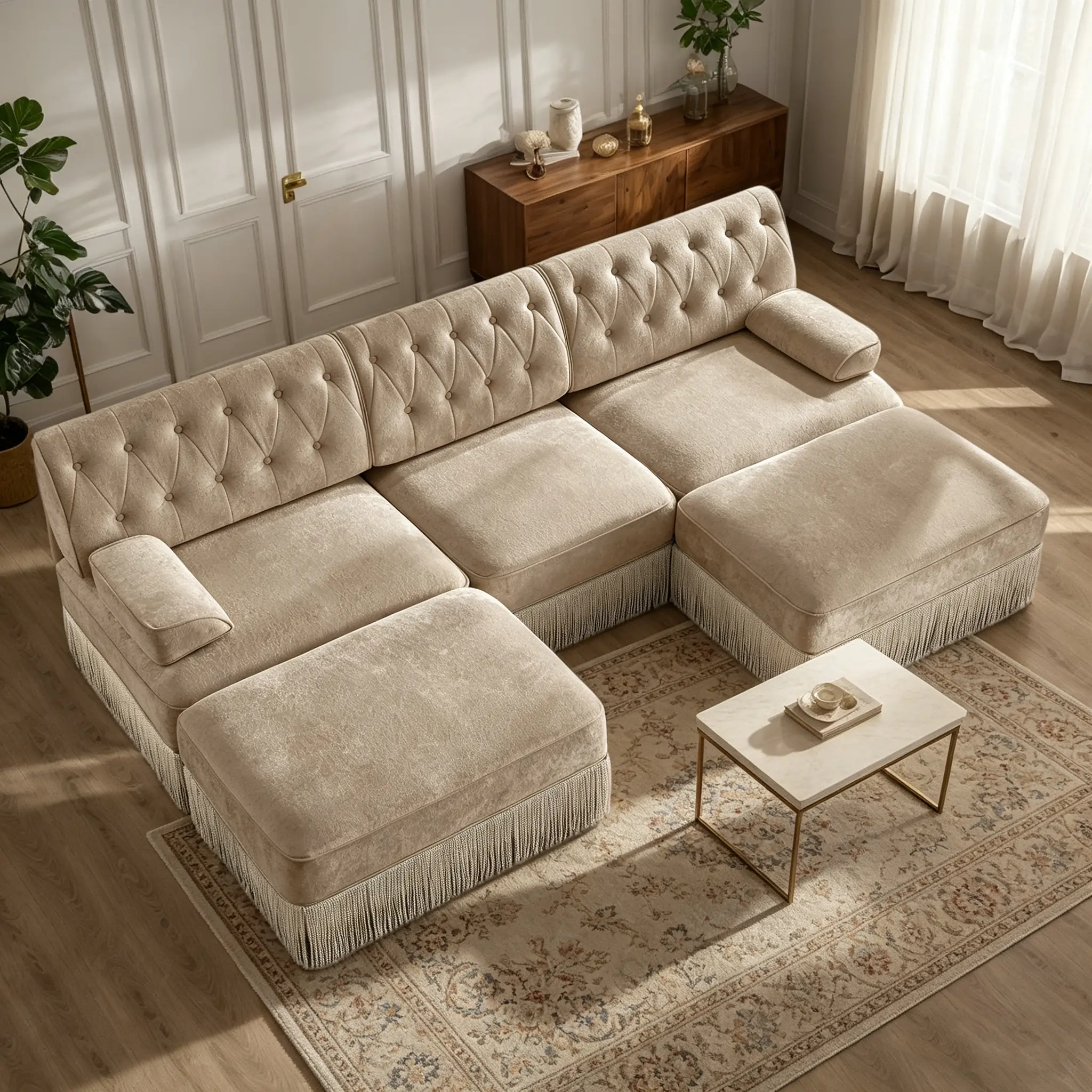 Eyisean Sturdy Chesterfield 3-Seater Curved L-U Shape Velvet Sectional Sofa, 106.1in Foam-Filled Cloud Couch with 2 Ottomans, Button Tufted, Tassel Fringe Skirt, Adjustable Arms, Deep Seat, Easy Assembly for Living Room