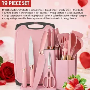 Silicone Kitchenware Set of 19: Set of Spatulas and Soup Spoons, High-Temperature Resistant Non-Stick Cookware, Cooking Kitchen Utensils, Household Silicone Spatula Wooden Handles charcuterie board White Pink