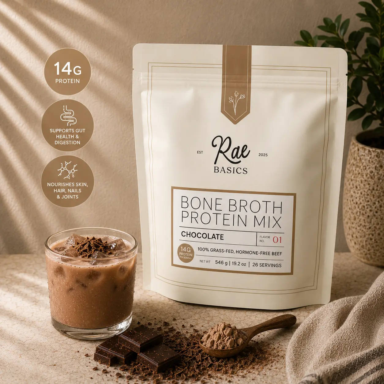 Rae Basics Bone Broth Protein Mix – Protein & Grass-Fed Collagen Organic Supplement for Gut, Skin & Hair Healthcare, Chocolate, Mocha or Caffeinated Chocolate, For Women & Men, 252g, 26 Servings | Fitness | TIKTOK EXCLUSIVE