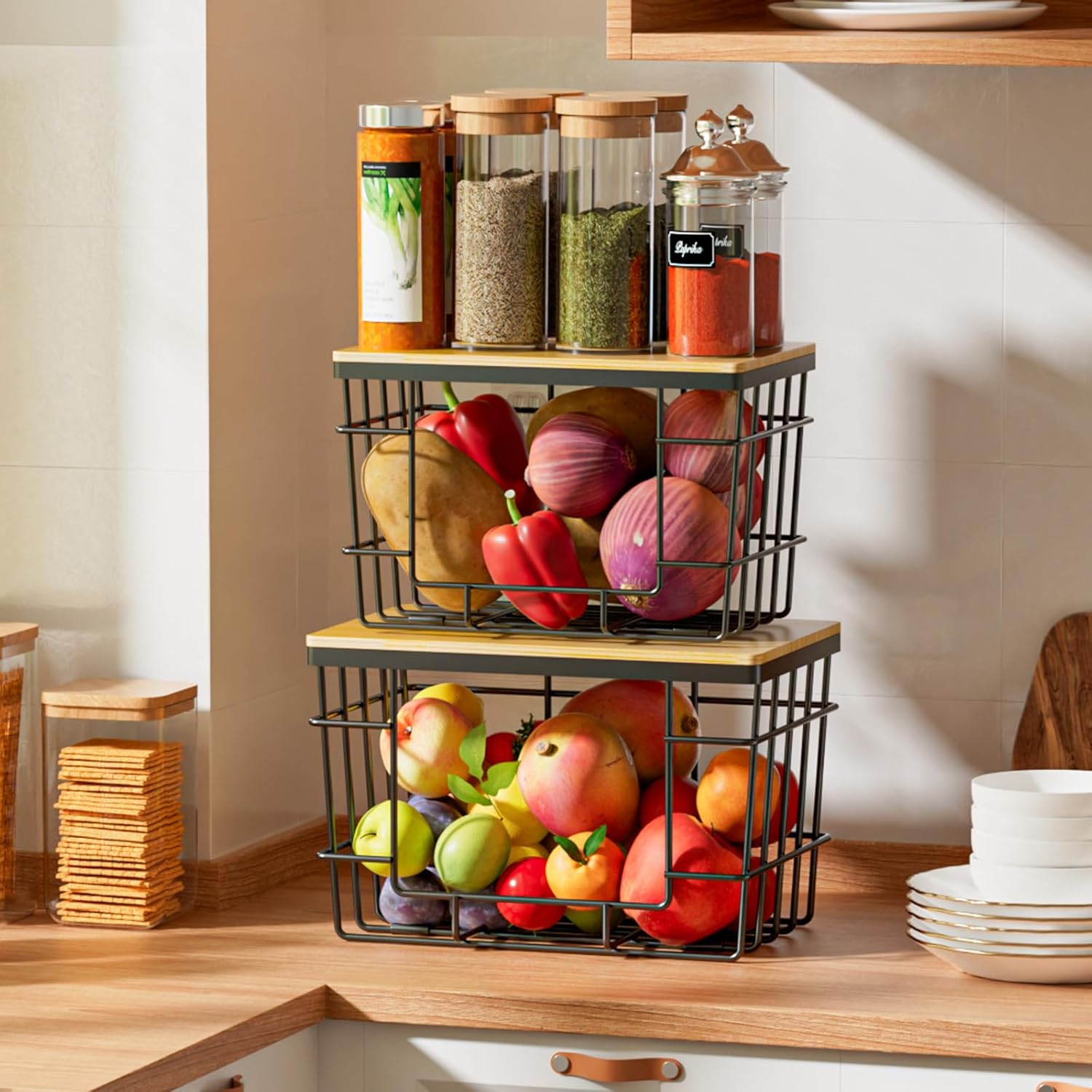 Pantry Storage Organizers,Kitchen Organization,2-Piece Trash Bag Storage Set: Extra-Large Capacity Trash Bag Dispenser (With Bamboo Lid) Wall-Mounted, Stackable Design For Kitchen, Laundry Room, And Under-Sink Organization