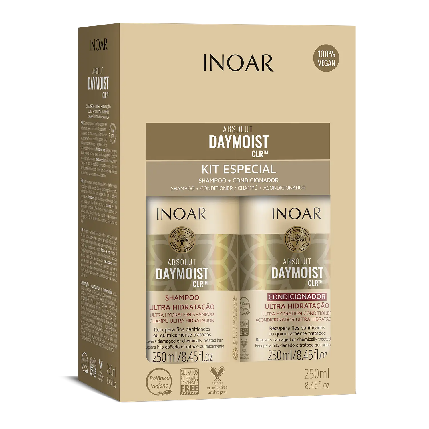 INOAR Absolut Daymoist CLRM Ultra Hydration Shampoo & Conditioner Kit - Vegan Sulfate-Free Paraben-Free Hair Treatment for Damaged Hair 250ml Each with Beet Extract