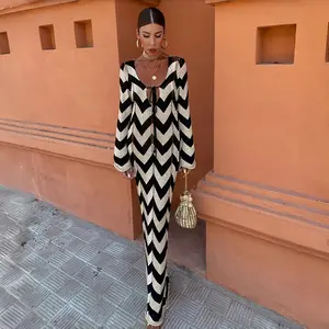 Women's Elegant Striped Long Knit Dress V Neck Lace Up Long Sleeve Tight Dress Knit Long Sundress