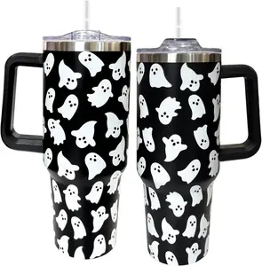 5D Printed Halloween Ghost Tumbler with Lid and Straw - Spooky Ghost Cup Black Halloween 40 oz Tumbler with Handle Water Bottle Travel Mug Gifts for Women Men