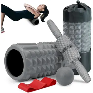 5-in-1 Foam Roller Set, Massage Roller Stick, Massage Ball, Resistance Band for Deep Muscle Massage, Trigger Point Release, Pilates, Yoga (Grey)