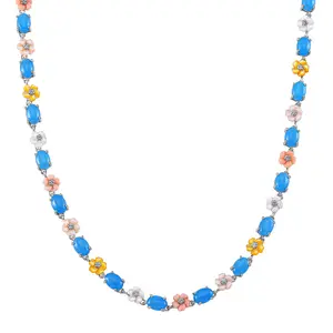 Blue Jade D 28.00 ctw and Multi Color Mother of Pearl Carved Floral Necklace in Rhodium Over Sterling Silver 18 Inches Christmas Gifts