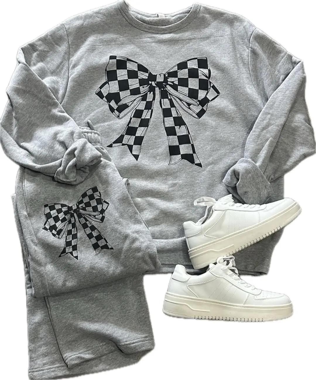 Checkered Bow Sweat Set (Gray)