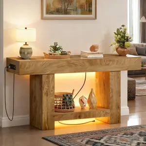 63" Long Entryway Table with Socket and Light, Narrow Console Table with USB Power Outlet Behind Couch, Farmhouse Entry Way Tables with Open Storage for Entrance/Hallway/Living Room,