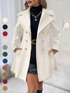 women's solid double button pocket longsleeves overcoat, chic fitted casual lapel neck outerwear for fall & winter, women's clothes for daily wear, clothes for women, cute tops, jackets for women, lady trending clothing women, elegant womenswear