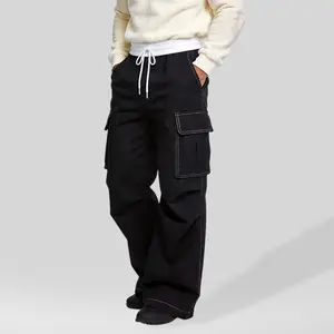 Men’s patchwork cargo casual pants with large pockets, wide straight loose fit, visible stitching for a retro, versatile look, suitable for street style and everyday commuting.
