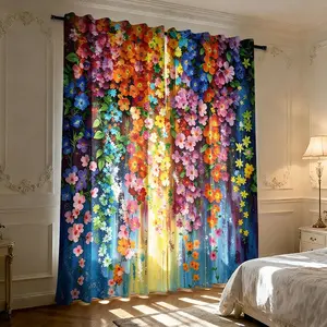 2-piece Rainbow Flower Sea Art Decorative Print Semi-transparent Curtains, Rod Bag Curtains, Suitable for Living Room, Bedroom and Home Decoration, Hand Washable, Hookless