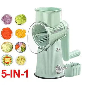 Green Rotary Cheese Grater - 5-in-1, 10 Stainless Steel Blades, Strong Smooth Suction Cup Base, Blade Storage, Cleaning Brush for Chocolate Baking, Biscuit Making, Fruit & Cooking Tasks (Sports & Outdoor Accessories Compatibility)