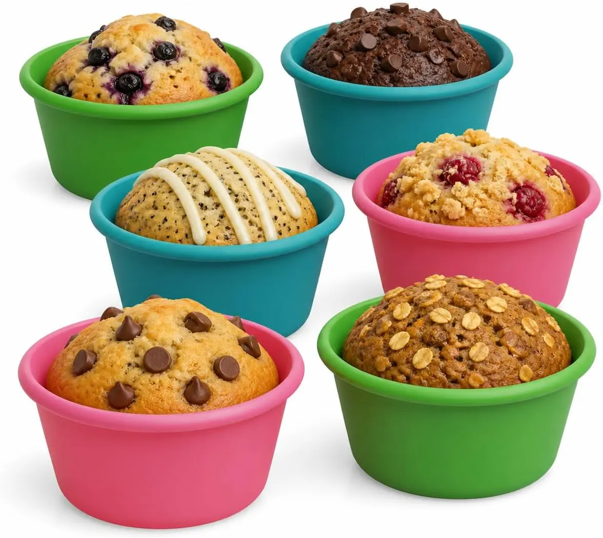 Silicone Jumbo Muffin Liners for Baking - Set of 6 Large 3.5 Inch Air Fryer Muffin Cups & Jumbo Cupcake Liners for Egg Bites, Quiche, Cheesecake & Muffins - Non-Stick, BPA-Free