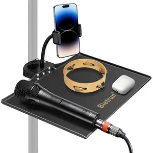 Metal Microphone Stand Tray, Larger Size(11.8'' x 8.1''), Universal Adjustable Mic Stand Tray with Phone Holder, Clamp on Tray for Music Stand, Picks, Capos, Tuner, Singing(Only for 16-25mm Tube)