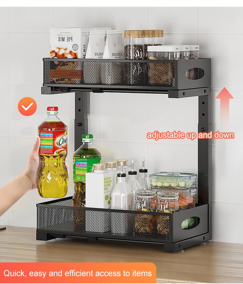 2 Pack Under Sink Organizer,Adjustable Height,2 Tier Pull Out Under Cabinet Organizer,Slide Out Thickened Metal Under Sink Storage for Kitchen Bathroom Laundry Cabinet Pantry,White,black Shelf Rack Racks