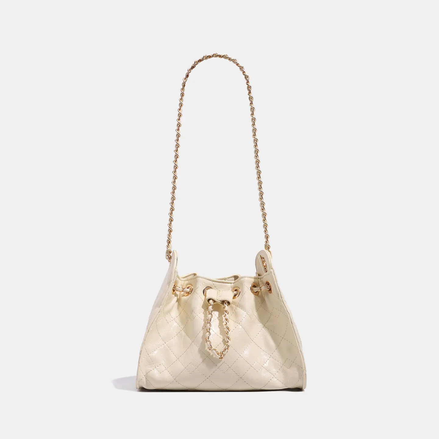 Women Quilted Drawstring Bucket Bag, Leather Woven Chain Crossbody Bag, Lightweight Magnetic Snap Shoulder Handbag for Daily Casual Use