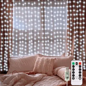 Curtain Fairy Lights 300 LED Hanging Lights USB Powered Copper Curtain String Lights 9.8Ft x 9.8Ft for Wall Christmas Wedding Backdrop Decor (Cool White)