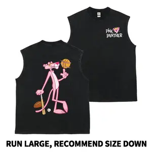 Men's Loose Oversized Cotton Sleeveless Tank Top Clothes - Pink Panther Sports Cartoon Graphic, Retro Vintage Washed Casual Streetwear, Plush Breathable Natural Fabric, for Cartoon Lovers