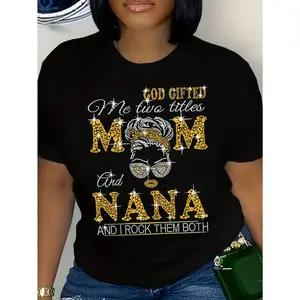 Black Cotton Crew Neck Short Sleeve Graphic Tee for Women - God Gifted Me Two Titles Mom and Nana and I Rock Them Both - Stylish 180g Print T-Shirt Perfect for Mothers and Grandmothers, Comfortable Lightweight Summer Top, Fashionable Family Gift Idea