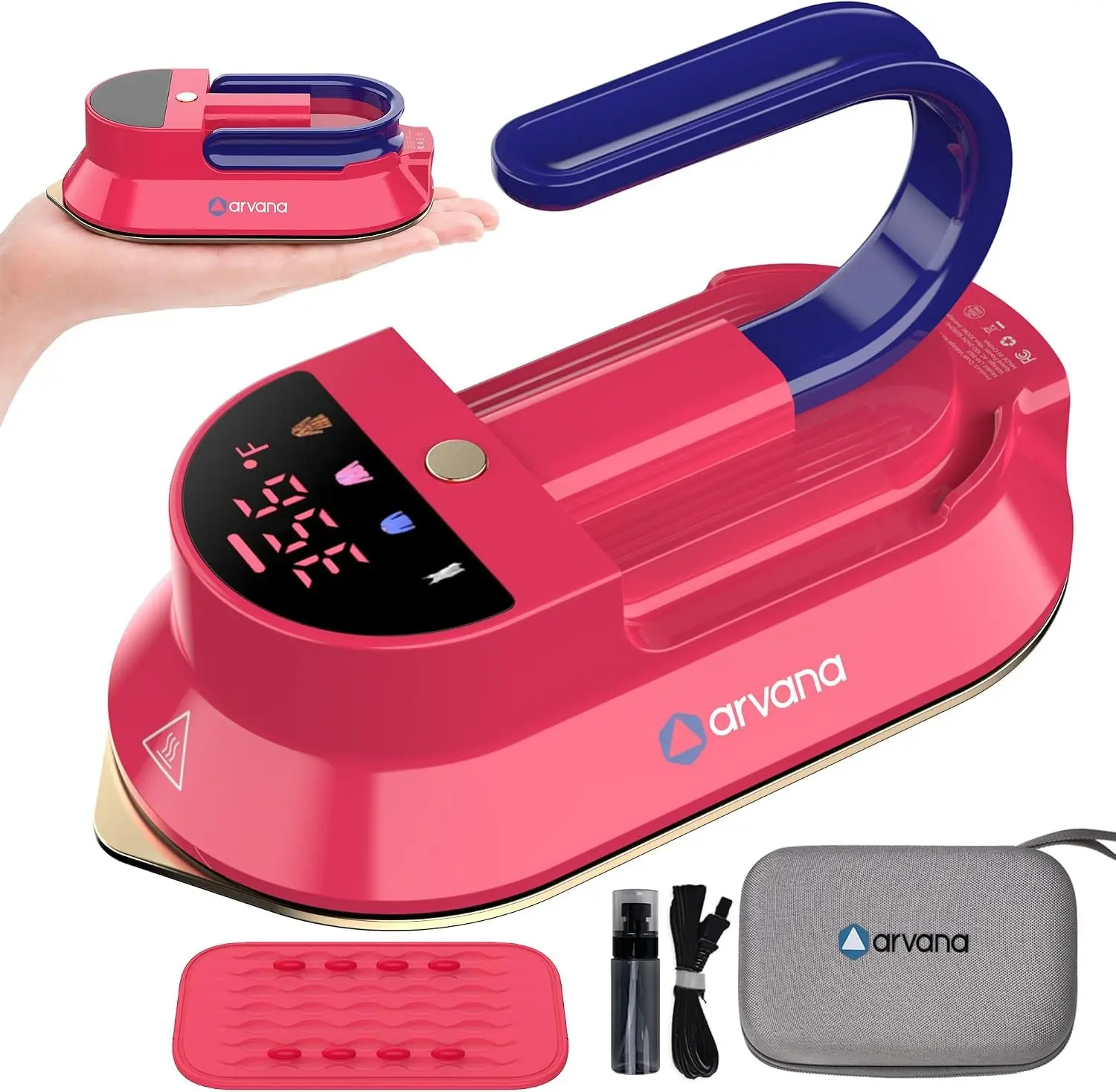 Mini Travel Iron for Clothes - Dual Voltage 100-240V Lightweight Portable Dry Iron with Case, Digital Temp Display, Detachable Handle & Cord, Nonstick Soleplate for Sewing, Quilting, Crafts