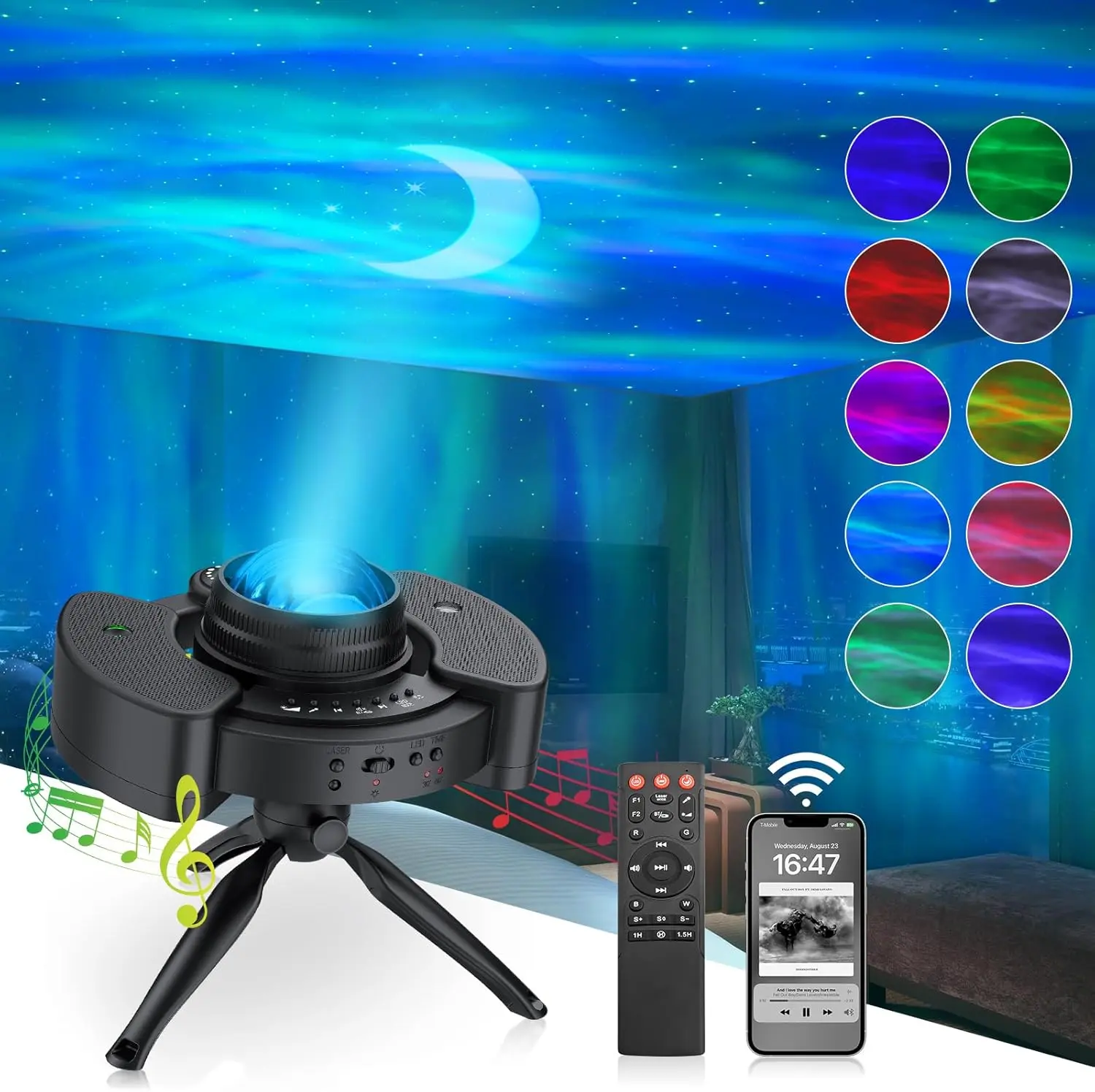UFO Galaxy Projector, 4-in-1 Aurora Night Light with Bluetooth Speaker & Music Sync, RGBW Laser Starry projector & LED Moon Lamp, 360° Adjustable Ceiling Decor, Sound Activated Party ambiance lighting, Gifts for Kids Teens Adults Bedroom lamparas