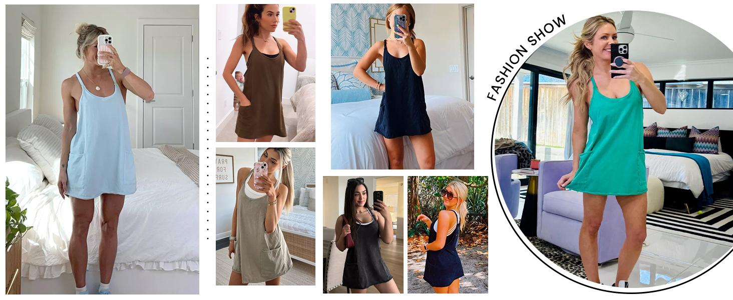 Women's Athletic Sleeveless Mini Dress with Built-in Shorts V Neck Spaghetti Strap Short Tennis Dress with Pockets Casual Mom Life Postpartum Style
