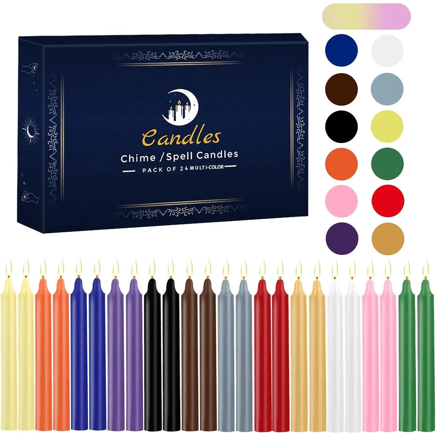 24 Pack Multicolor Spell Chime Candles -  Mini Unscented Taper Candles for Rituals, Prayer, Meditation, , Spells - 4" Tall - Ideal for Witches &  Practices