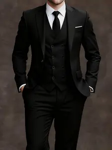 Men's 3pcs Slim Fit Tuxedo Set - Black Suit with White Shirt & Pants, Collar & Jacket, Wedding & Formal Attire, Business Events, Prom, Durable Tailored Suits (No Stretch)