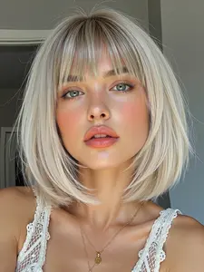 12 Inch Short Straight Bob Wig, Front Bangs Heat Resistant Fiber, Synthetic Soft Hair, Full Head Cap for Daily Use, Natural Look for Casual and Special Occasions