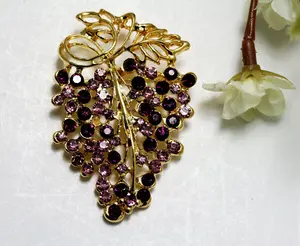 Vintage Grapes on Vine Brooch Pin Gold Tone Purple Rhinestone Grapes Statement Brooch