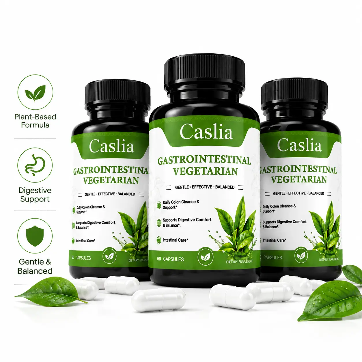 Caslia Plant-Based Herbal Supplement 3 Pack | Vegetarian Capsules with Senna & Cascara Sagrada | Caffeine-Free Daily Formula | 180 Count for Adults intestinal health support highly potent herbal ingredient self care complete gut digestion