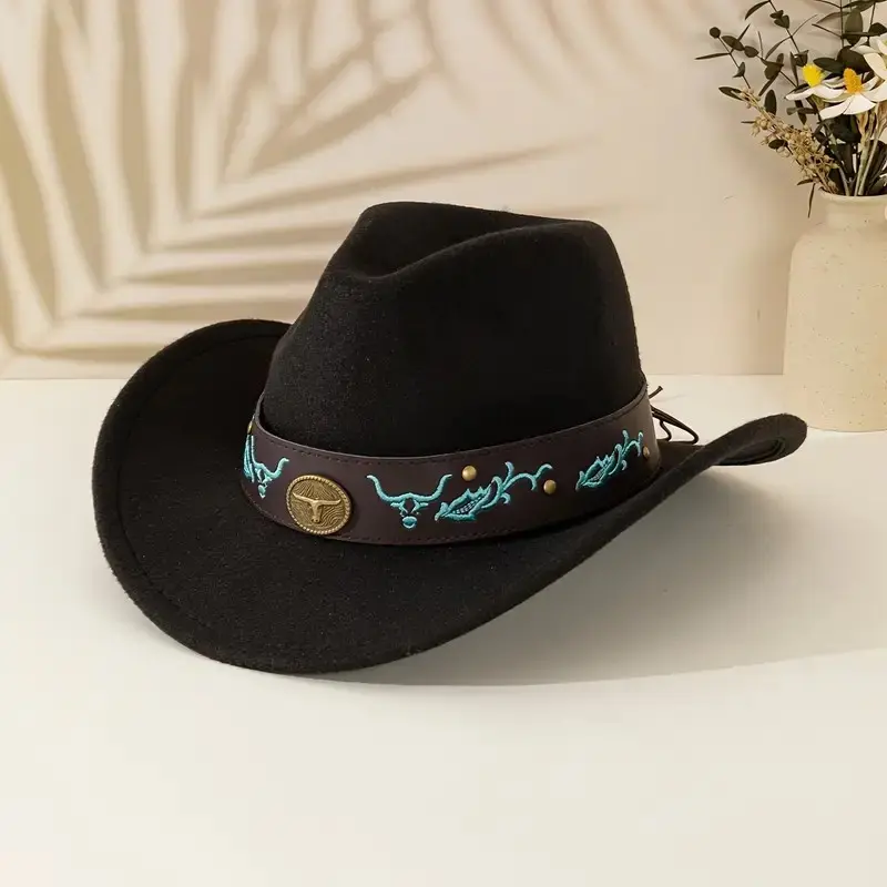 Western Cowboy Hat with Bull & Turquoise Embroidered Band – Adjustable Size & Inner Sweatband for Comfort – Wide Brim Felt Rodeo Hat for Men & Women – Festival, Country Concert, Party, Ranch, Line Dancing, Outdoor Style Accessory in Multiple Colors