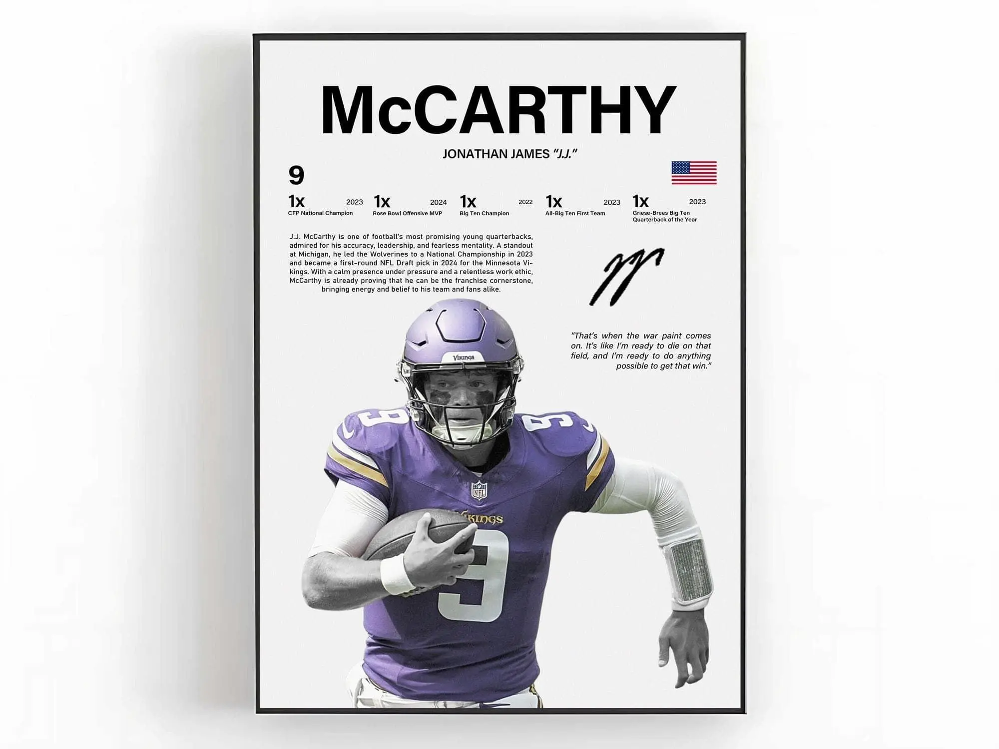 JJ McCarthy Poster Wall Art Print Sports Room Decor Fan Gift ( Unframed - Print Only )
