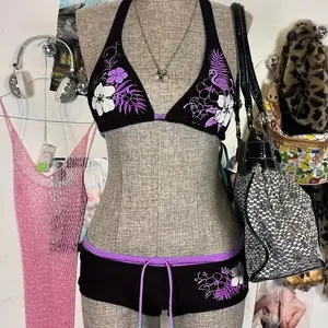 UETEEY 2025 New Summer Swimwear Bikinis Set Sexy Printed Lace Back Naked Bikini 2 Pieces Set Women's Swimwear Slit Beach Bikini