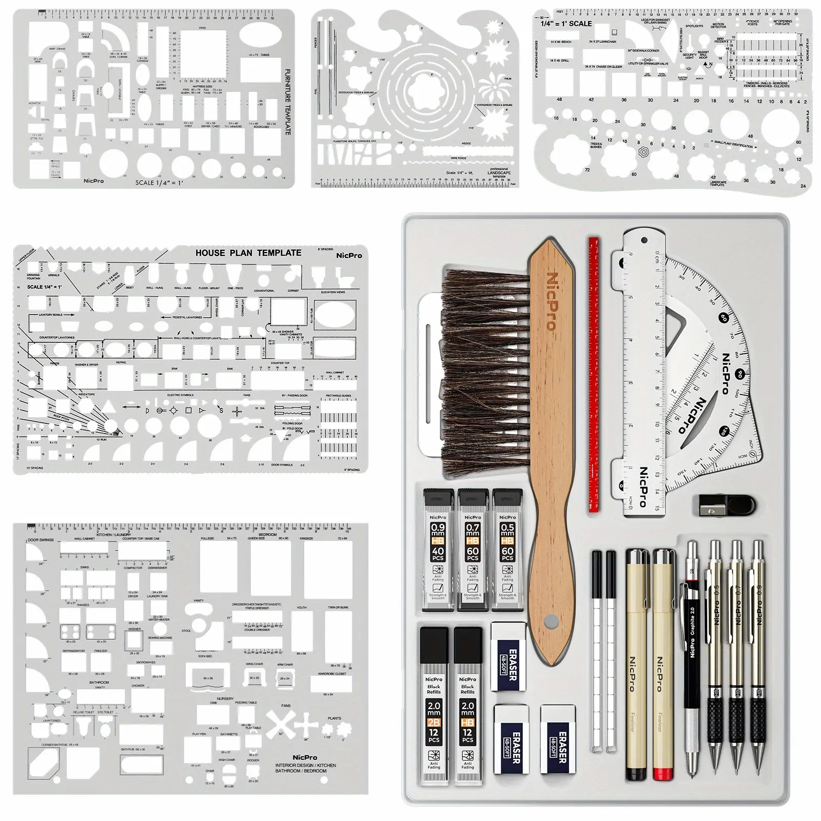 Professional Drafting Tools And Geometry Set with Case, Architect Protractor Set, Metal Mechanical Pencils, Pen, Scale Ruler Metal Ruler, 5 Drawing Templates for Interior Design House Plan