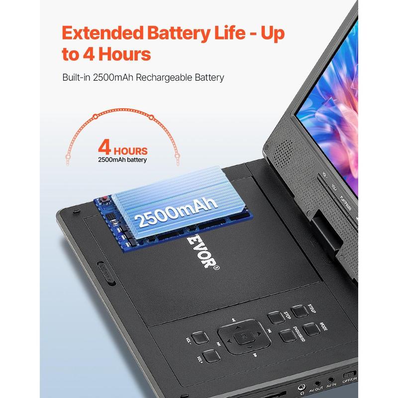 VEVOR Portable DVD Player 9 in HD Swivel Screen 4 Hours-in Battery