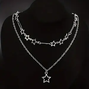 Y2K Double Layer Star Necklace Silver Plated Hollow Star Pendant Necklace Women Aesthetic Jewelry Gift
