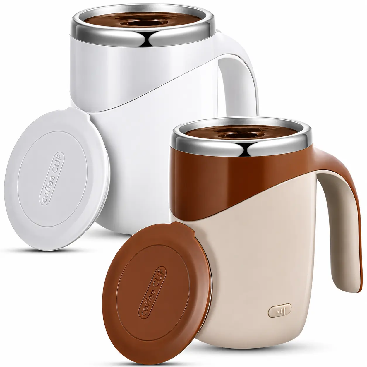 CoffeeCup Electric Coffee Mug with Lazy Rotating Magnet Design Stainless Steel Automatic Stirring Reusable Travel Mug White for Coffee Lovers - Beverage
