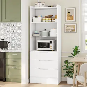 73.23'' Tall Storage Cabinet Bookcase with 3 Drawers and 3-Tier Open Shelves Wooden Bookshelf Kitchen Pantry Storage Organizer Cabinets for Living Room, Study, Kitchen,Bathroom,White