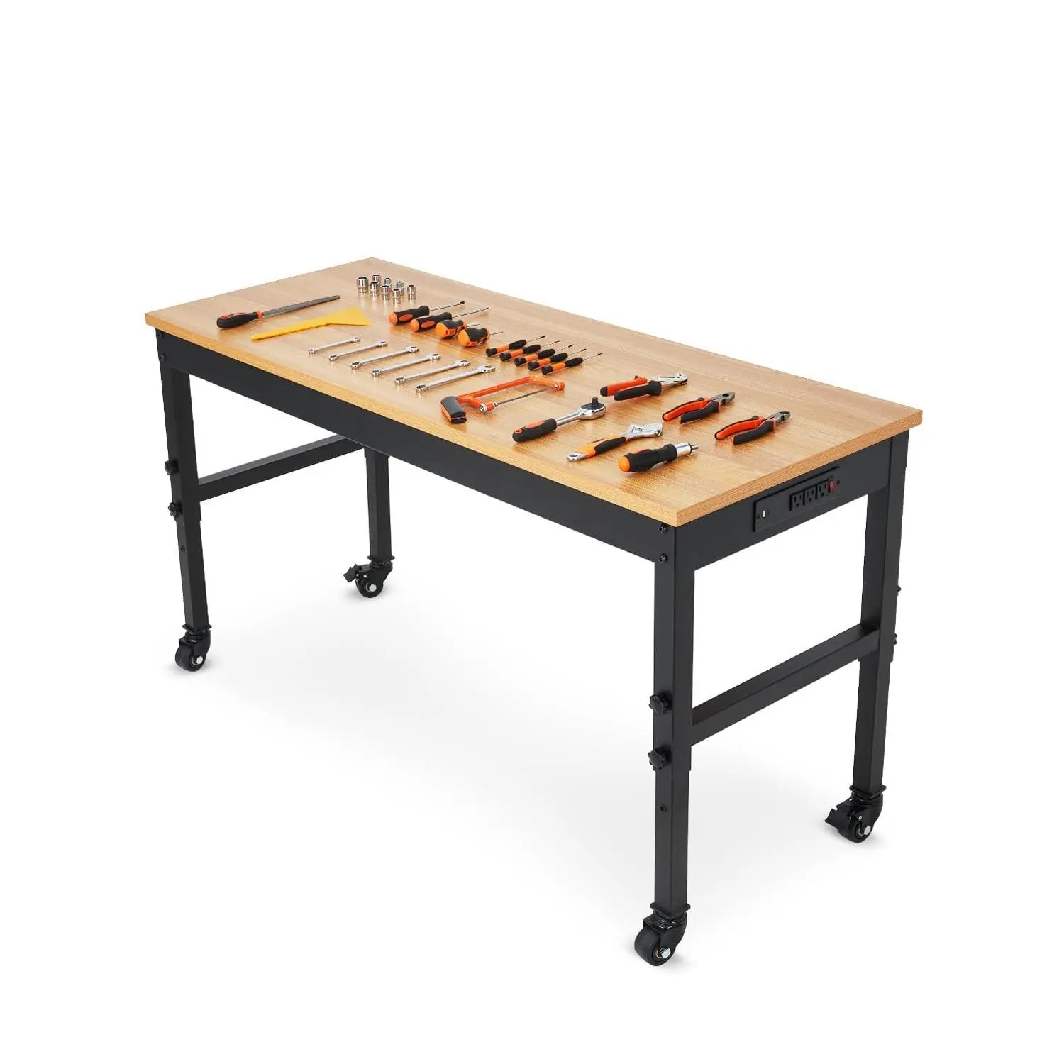 48"x24" Adjustable Height Heavy Duty Workbench – 2500 LB Capacity Rubberwood Top with Built-in Power Outlets, Work Table Computer Desk for Garage Workshop Home Office, Black Natural Wood