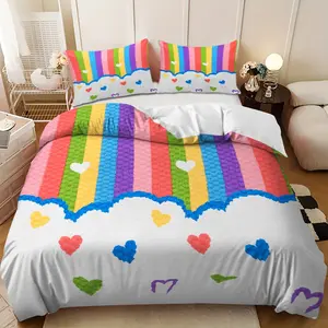 Springtime Happy Heart Striped Cloud Pattern Down Comforter Set (1 comforter cover + 2 pillowcases, filling not included) - A perfect gift for family and friends. Soft and comfortable, suitable for family bedrooms and guest rooms.