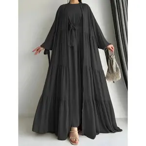 1pc Elegant Middle Eastern Abaya with Vest and Belt Set - Chiffon Long Sleeve H-Line Robe with Side Split, Regular Length, Solid Color, Lantern Sleeves, and Ruf