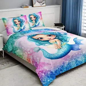 3-Piece Bedding Set (1 Fitted Sheet + 2 Pillowcases), Mermaid Cartoon Print, All-Room Use, Zipper Closure, Bedroom Decor