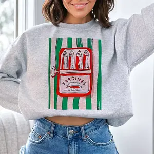 Vintage Sardines Sweatshirt, Tinned Fish French Sardine-Core Shirt, Retro Seafood Graphic Sweatshirt, Coastal Fisherman Aesthetic Pullover, Mediterranean Market Art Tee, Gift for Men Women, Crew Neck T-shirt, Trending T-shirt